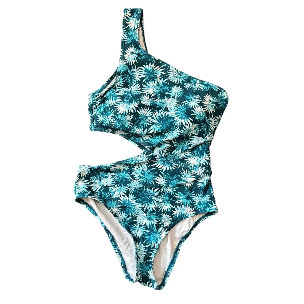 Michael Kors Women's One Shoulder Cutout Swimsuit‎ Turquoise Floral, Size 6 NWT